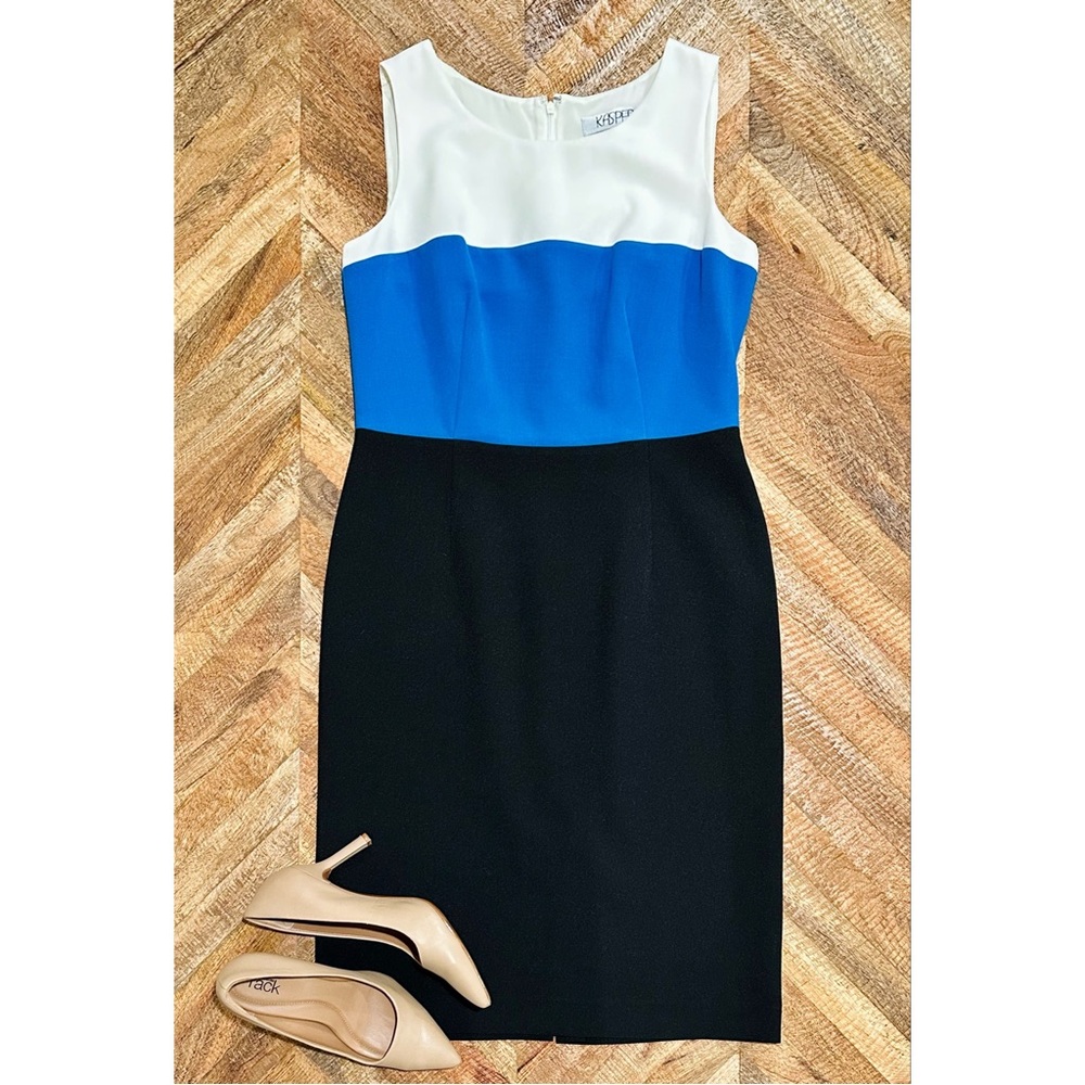 KASPER: Blue & White Color Block Dress